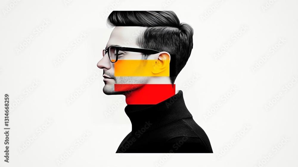 Poster conceptual digital artwork of a modern businessman with a fragmented face in black and red represent
