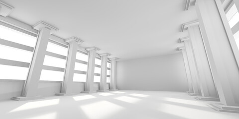 Obraz premium Modern minimalist interior design with symmetrical columns and natural light. 3d render