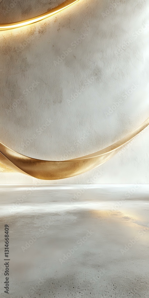 Poster abstract luxury background with curved golden elements on textured white wall and reflective floor, 