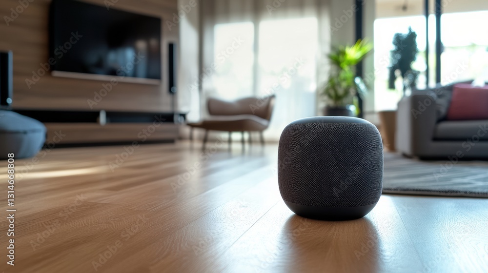 Poster stylish living room with smart speakers featuring voice command technology for an interactive lighti