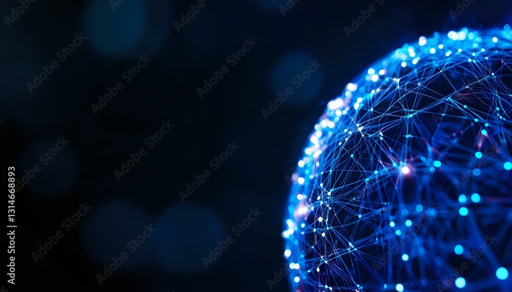 Poster glowing blue network sphere with connected dots and lines on dark background illustrates global conn