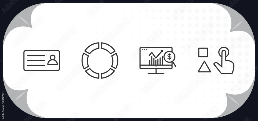 Poster outline icons set - business and analytics concept. business card, data analytics flow, dollar analy