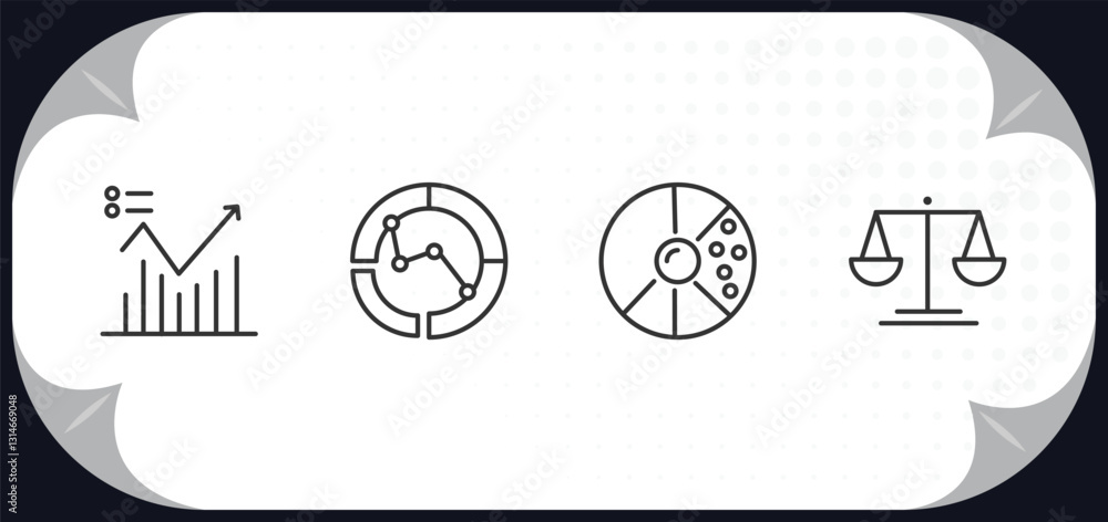 Poster outline icons set - business and analytics concept. analytic visualization, merge charts, round valu