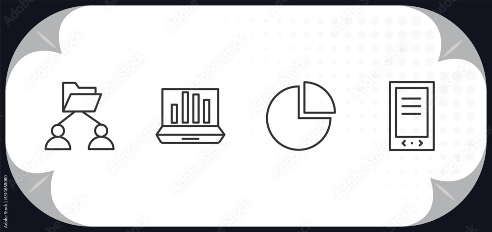 Aufkleber outline icons set - business and analytics concept. users interconnected, laptop with analysis, data