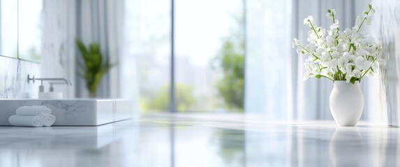Bright and Serene Bathroom Interior with White Flowers in a Vase and Elegant Marble Design, Showcasing Tranquil Atmosphere and Relaxing Environment
