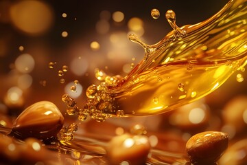 Golden Hazelnut Oil Splashing Dynamically Over Hazelnuts