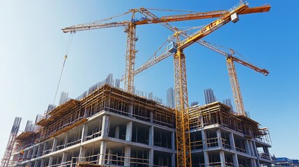 a large construction site, towering yellow cranes lifting steel beams