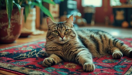 house cat is lounging on a rug