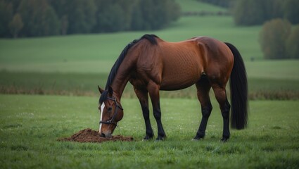 Obraz premium Horse feeds on the green meadow.