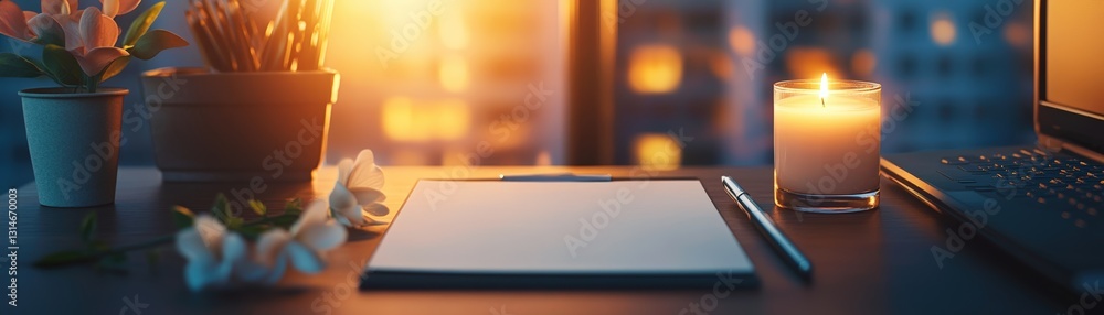 Aufkleber modern workspace featuring a laptop and a softly glowing candle creating an inviting atmosphere for 