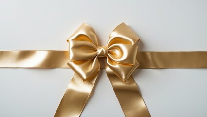 Fototapeta premium Golden satin ribbon with bow on a light background, overhead view.