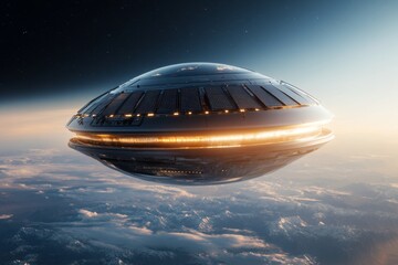 Obraz premium A 3D-rendered depiction of solar panels on a futuristic spaceship, orbiting Earth and absorbing energy directly from the sun