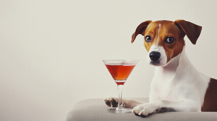 Cartoon dog with a cocktail, humorous and relaxed, embodying playful indulgence.
