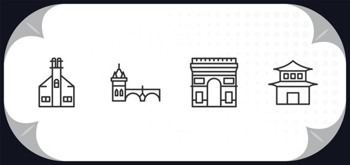 outline icons set - buildings concept. moot hall, charles bridge, arc de triomphe, pagoda.