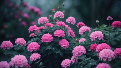 In a lovely garden, beautiful pink geranium flowers are blooming.