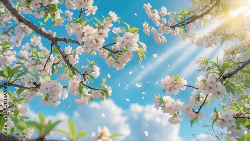 Poster branches of blooming cherry blossoms macro with soft focus against a gentle light blue sky backdrop 