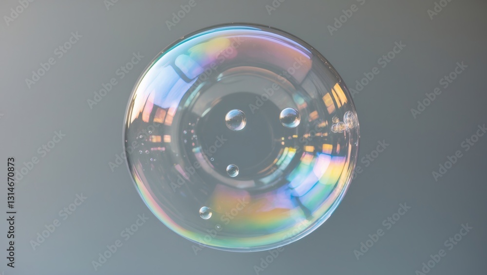 Poster flying soap bubbles on a grey backdrop. abstract soap bubbles with reflections. background of soap b