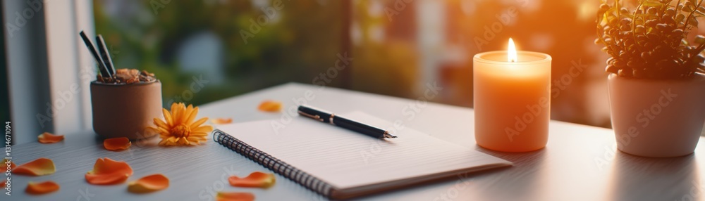 Aufkleber thoughtful setup with a candle, pen, and notebook on a soft surface surrounded by delicate flower pe
