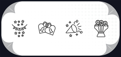 outline icons set - birthday and party concept. birthday flag, love padlock, party horn, wedding flowers.
