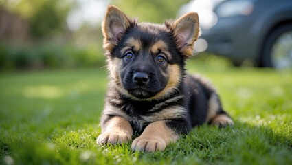German shepherd puppy in the yard.