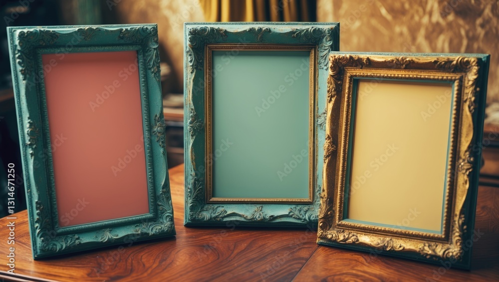 Poster three empty photo frames on a table
