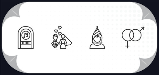 outline icons set - birthday and party concept. jukebox, newlyweds, birthday girl, genders.