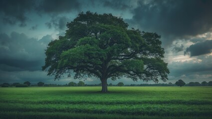 Obraz premium Beautiful view of a tree located in the center of a greenfield beneath a cloudy sky.