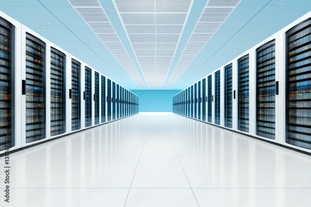 Poster futuristic data server room with endless rows of high tech equipment illuminated by blue neon lights