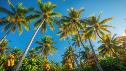 Obraz premium Coconut palm trees with vibrant colors against a clear blue sky represent tropical serenity and natural beauty.