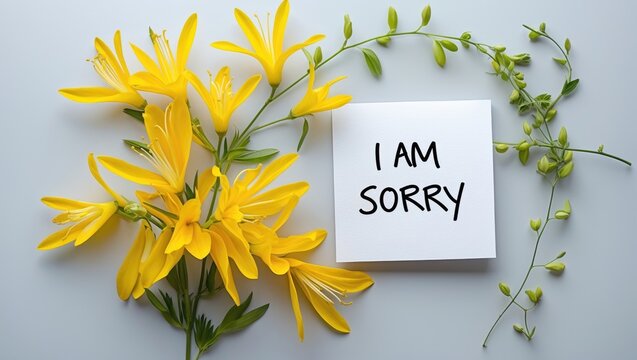 Handwritten message card saying I am sorry with yellow flowers on a white background.