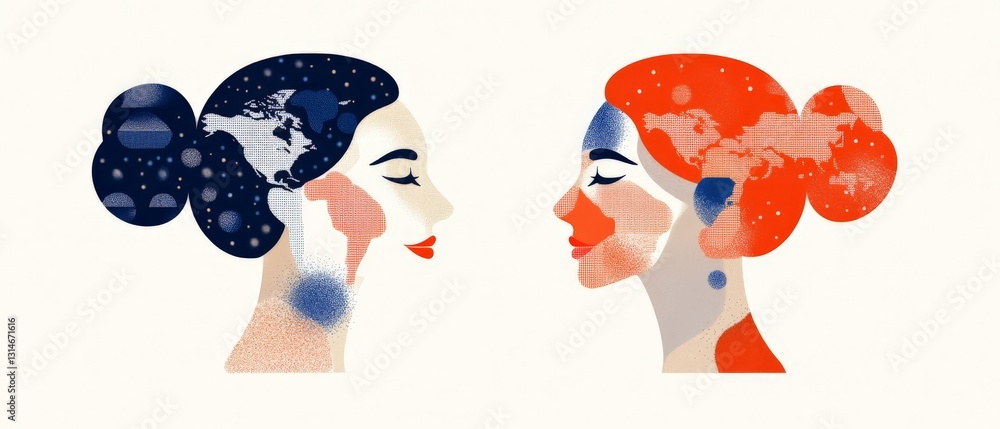 Aufkleber elegant digital vector of two female profiles in artistic interpretation of blue and red patterns sy