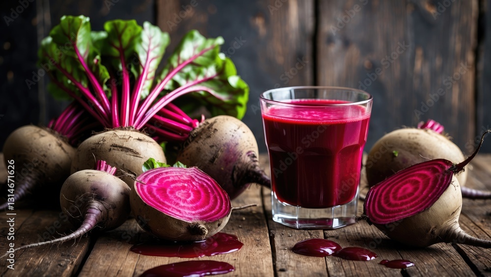 Poster fresh organic beets and beet juice in a glass are displayed on a rustic wooden table as an idea for 