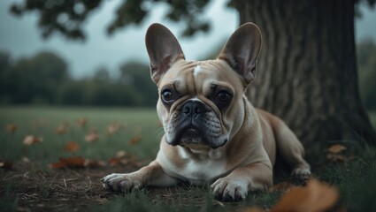 Fototapeta premium French bulldog lying beneath a tree.