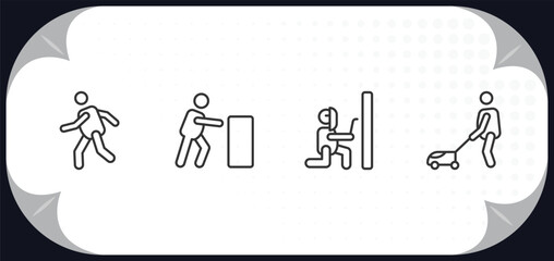 outline icons set - behavior concept. man running, man pushing, man welding, cutting lawn.