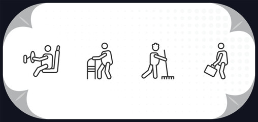outline icons set - behavior concept. man driving, old man with cane, man sweeping, going to work.