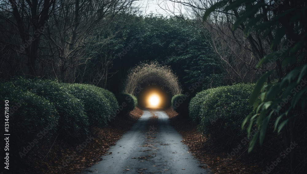 Poster tunnel-like pathway enveloped by bushes and trees with light at the end.