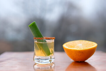 Mezcal Mexican drink with orange slice, worm salt, and agave leaf. Copper surface. Foggy blurred nature background. Copy space. Shallow deep of field.