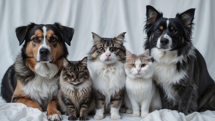 Obraz premium Beautiful dogs, cats, and a bunny on a white backdrop.