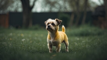 Obraz premium A small yellow dog stands in the yard with a background of blurred green grass and trees. The dog gazes away. The photo is out of focus. High-quality image.