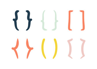 Hand drawn parenthesis. Doodle curly bracket set. Vector color punctuation sketch figure for quotation. Decorative pastel ornament for quote