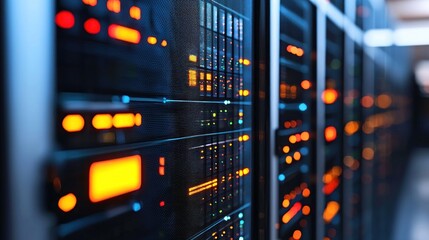 Naklejka premium Server rack panels glowing in data center