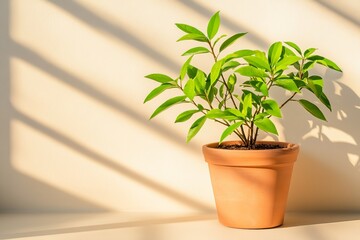 Aesthetic indoor still life of a potted plant bathed in natural sunlight creating a minimalist botanical composition with warm shadows and organic interior decor