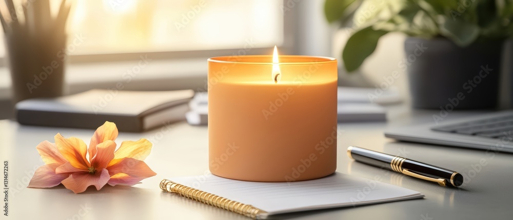 Poster tranquil candlelight with a notebook and pen on a soft surface surrounded by delicate flower petals 