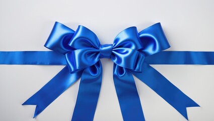 Blue satin ribbons featuring a bow on a white background, viewed from above.