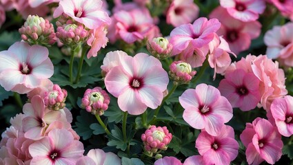 Blooming geranium flowers in different colors.