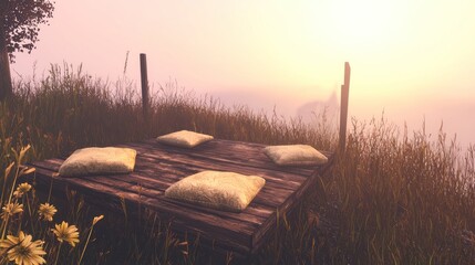 Obraz premium Rustic wooden platform with cushions at sunrise overlooking a misty landscape