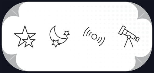 outline icons set - astronomy concept. double star, blue moon, pulsar, finderscope.
