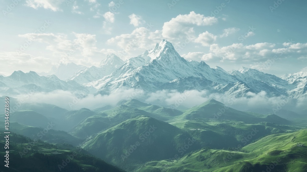 Poster scenic view of misty snow capped mountains with lush green hills under a clear sky during daytime