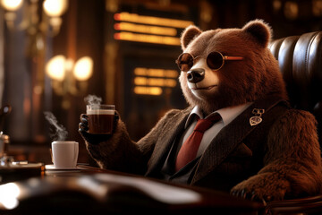 Bear Hedge Fund Manager A bear in a luxurious office, wearing a monocle and sipping coffee, with a stock ticker scrolling behind him.