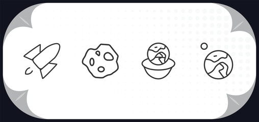 outline icons set - astronomy concept. rocket flying, asteroid, relativity, earth and moon.